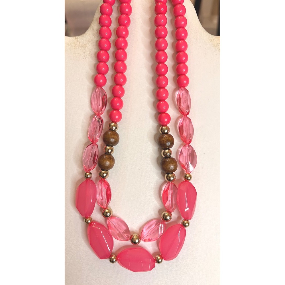 Hot Pink Layered Bead Statement Necklace Wood & Acrylic Accents Gold Tone Boho